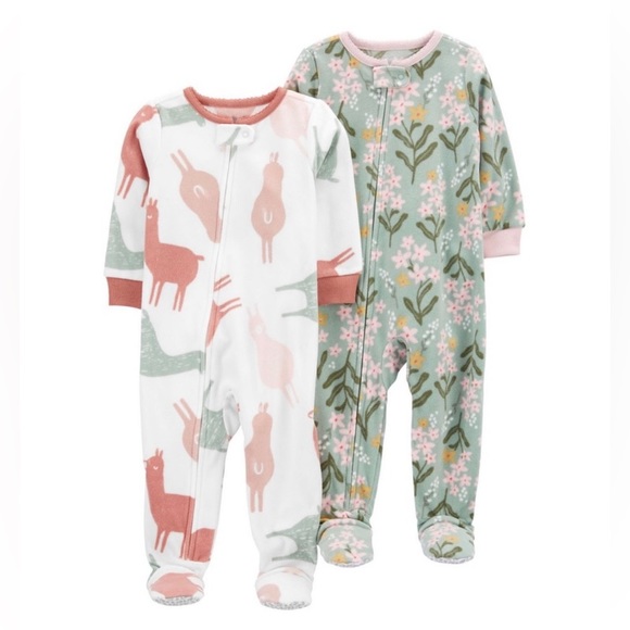 Carter's 2-Pack 1-Piece Fleece Sleepwear | Llamas Flowers Sage Green | Size 2T - Picture 1 of 7